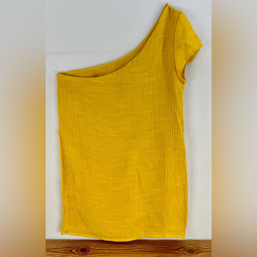 Women’s Yellow Mustard Asymmetrical One Shoulder Top Texturized Sz S